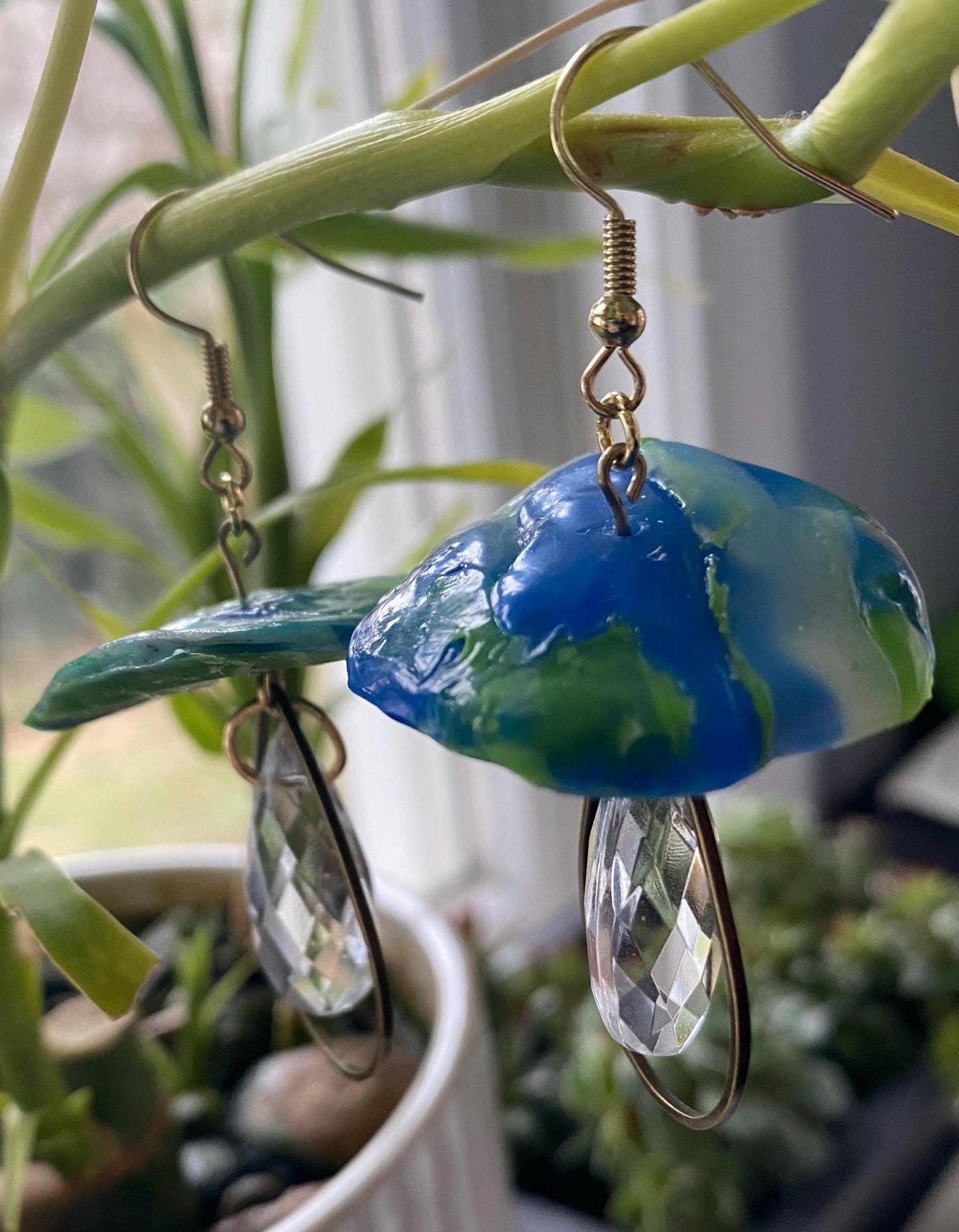 Handmade and Customizable - Dangle Upcycled Melted Plastic Mushroom Earrings W/ Drop Down Fixtures & Faceted Crystals - Made To Order