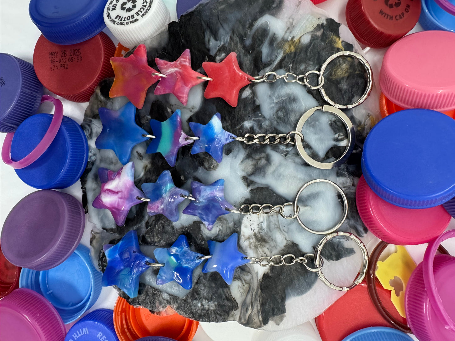Handmade - Upcycled Melted Plastic Dangling Stars Trio Keychains