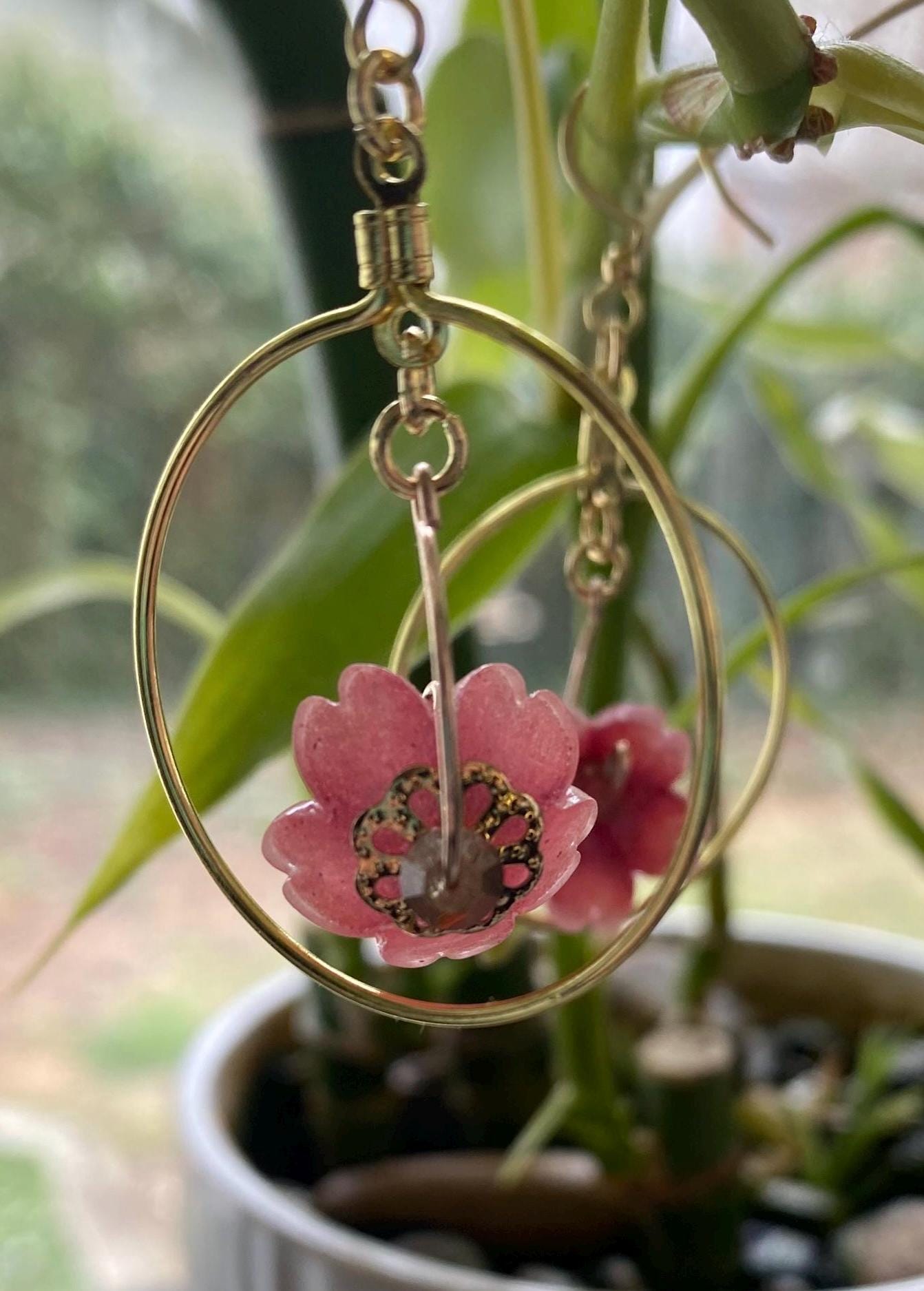 Hand-Drawn and Customizable - Dangle Drop Down Cherry Blossom Shrinky Dink Hoop Flower Earrings - Made To Order