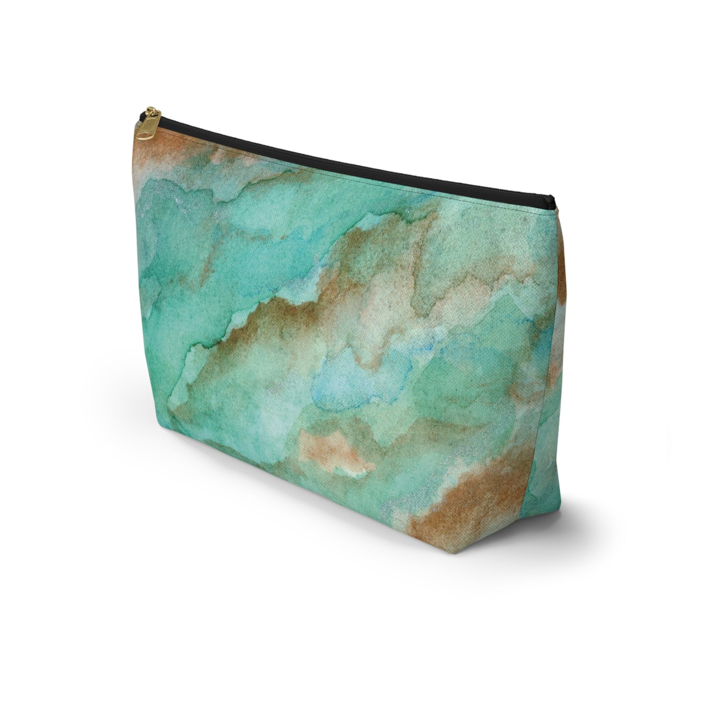 Tropical Aqua Shimmer Marbled Watercolor Painting - Zipper Closure Accessory Pouch w T-bottom (2 Sizes)