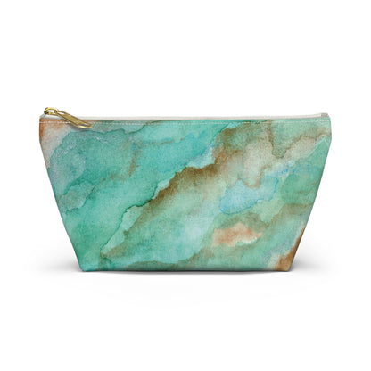 Tropical Aqua Shimmer Marbled Watercolor Painting - Zipper Closure Accessory Pouch w T-bottom (2 Sizes)
