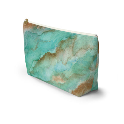 Tropical Aqua Shimmer Marbled Watercolor Painting - Zipper Closure Accessory Pouch w T-bottom (2 Sizes)