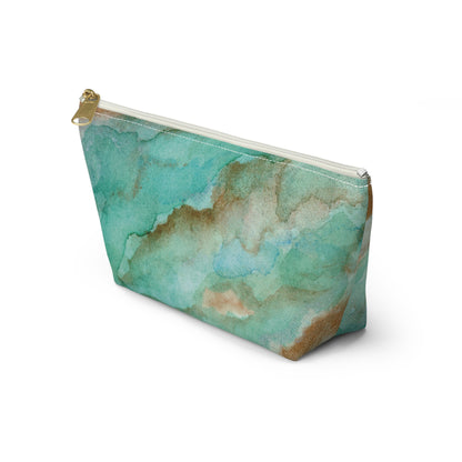 Tropical Aqua Shimmer Marbled Watercolor Painting - Zipper Closure Accessory Pouch w T-bottom (2 Sizes)