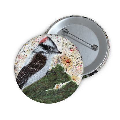 Now That's A Glorious Downy Woodpecker Watercolor Painting - Bird Nerd Glossy Metal Pin Buttons (3 Sizes)