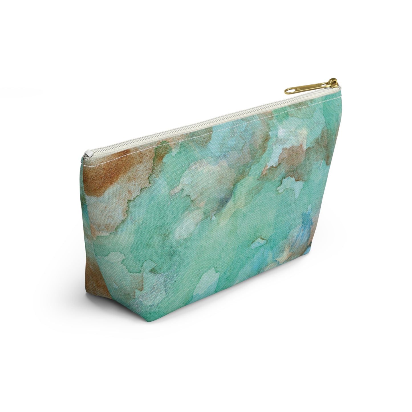 Tropical Aqua Shimmer Marbled Watercolor Painting - Zipper Closure Accessory Pouch w T-bottom (2 Sizes)