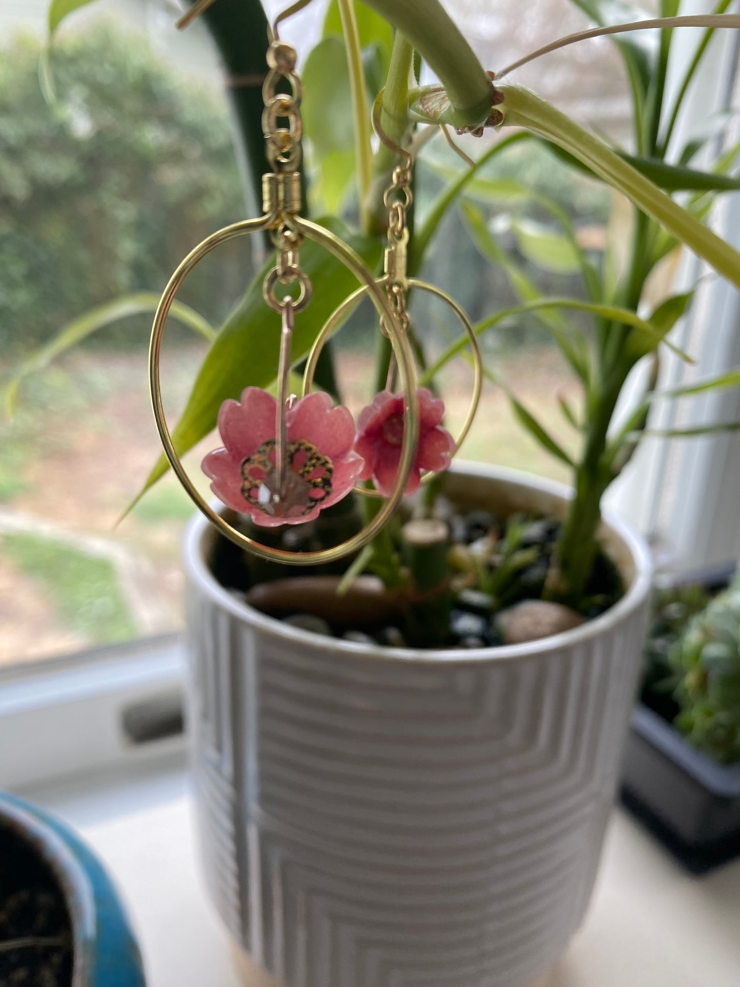 Hand-Drawn and Customizable - Dangle Drop Down Cherry Blossom Shrinky Dink Hoop Flower Earrings - Made To Order