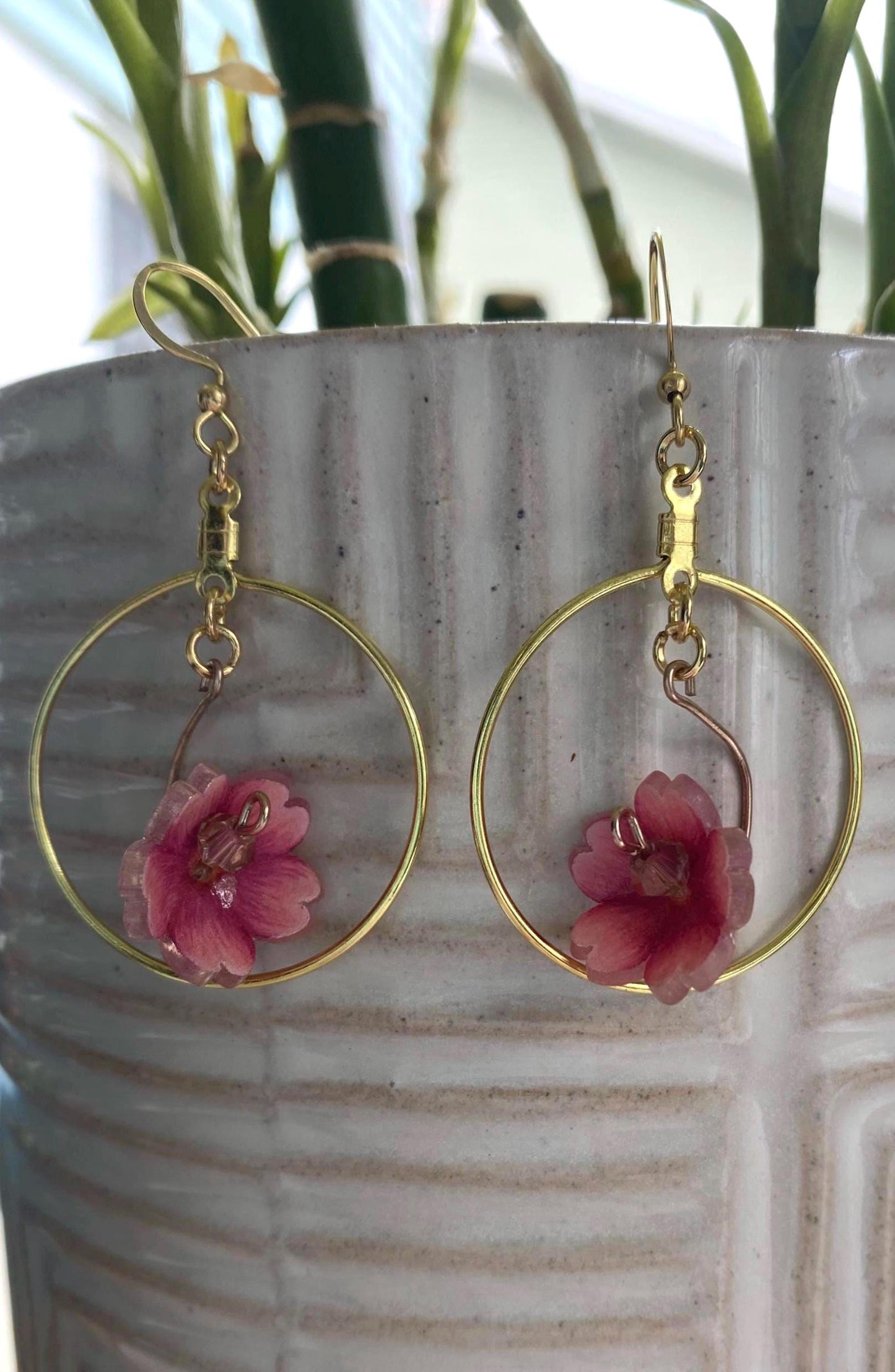 Hand-Drawn and Customizable - Dangle Drop Down Cherry Blossom Shrinky Dink Hoop Flower Earrings - Made To Order