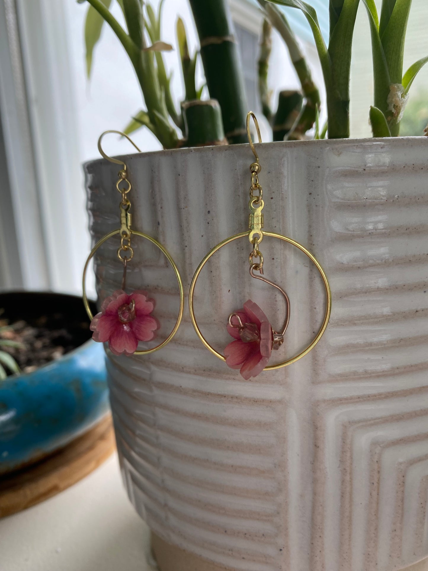 Hand-Drawn and Customizable - Dangle Drop Down Cherry Blossom Shrinky Dink Hoop Flower Earrings - Made To Order