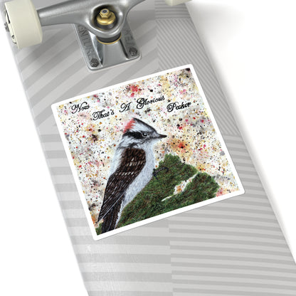 Now That's A Glorious Downy Woodpecker Watercolor Painting - Bird Nerd Square Stickers