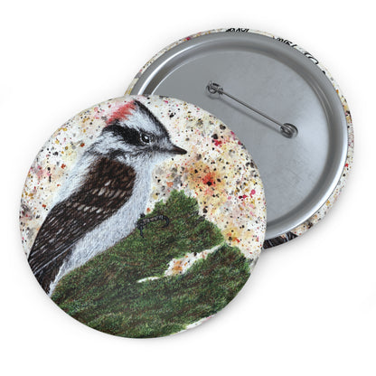 Now That's A Glorious Downy Woodpecker Watercolor Painting - Bird Nerd Glossy Metal Pin Buttons (3 Sizes)