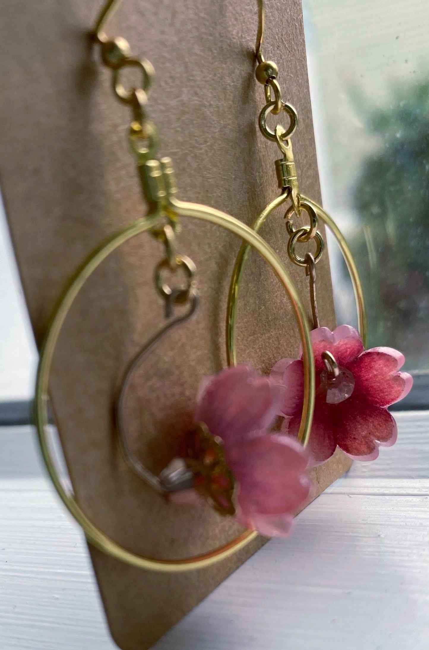 Hand-Drawn and Customizable - Dangle Drop Down Cherry Blossom Shrinky Dink Hoop Flower Earrings - Made To Order