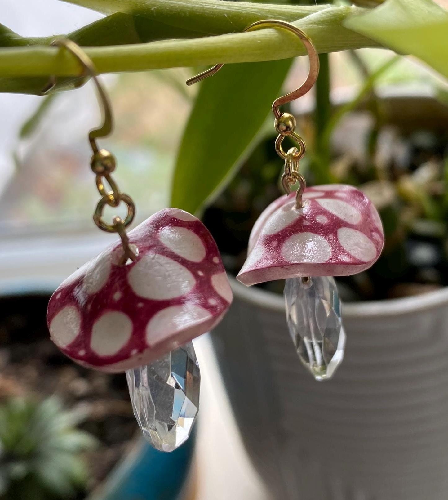 Hand-Drawn and Customizable - Dangle Drop Down Crystal Mushroom Shrinky Dink Earrings - Made To Order