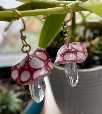 Hand-Drawn and Customizable - Dangle Drop Down Crystal Mushroom Shrinky Dink Earrings - Made To Order