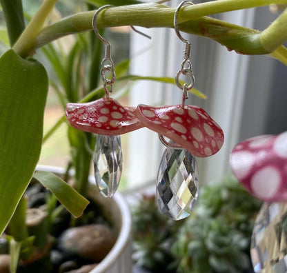 Hand-Drawn and Customizable - Dangle Drop Down Crystal Mushroom Shrinky Dink Earrings - Made To Order