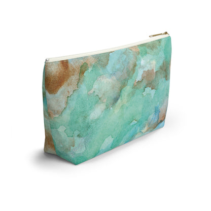Tropical Aqua Shimmer Marbled Watercolor Painting - Zipper Closure Accessory Pouch w T-bottom (2 Sizes)