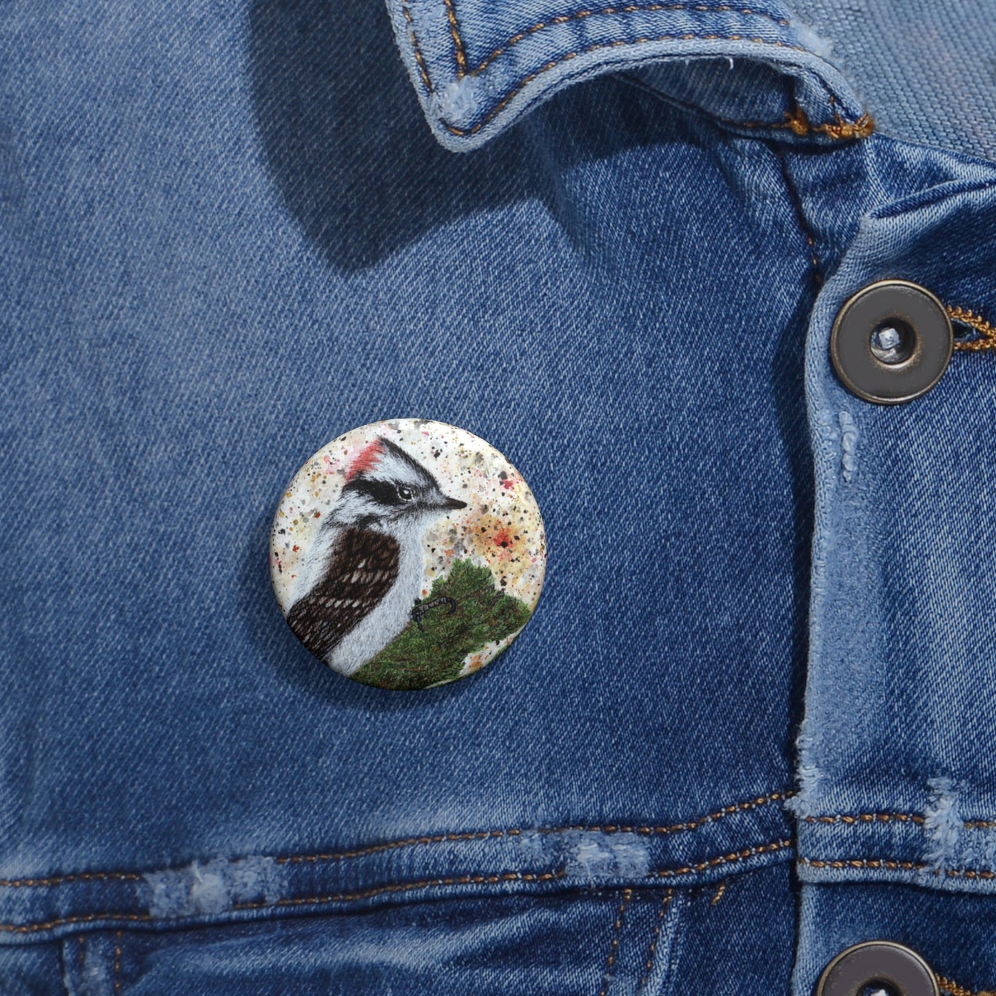 Now That's A Glorious Downy Woodpecker Watercolor Painting - Bird Nerd Glossy Metal Pin Buttons (3 Sizes)