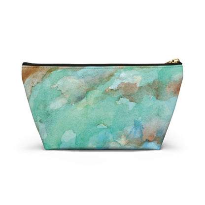Tropical Aqua Shimmer Marbled Watercolor Painting - Zipper Closure Accessory Pouch w T-bottom (2 Sizes)