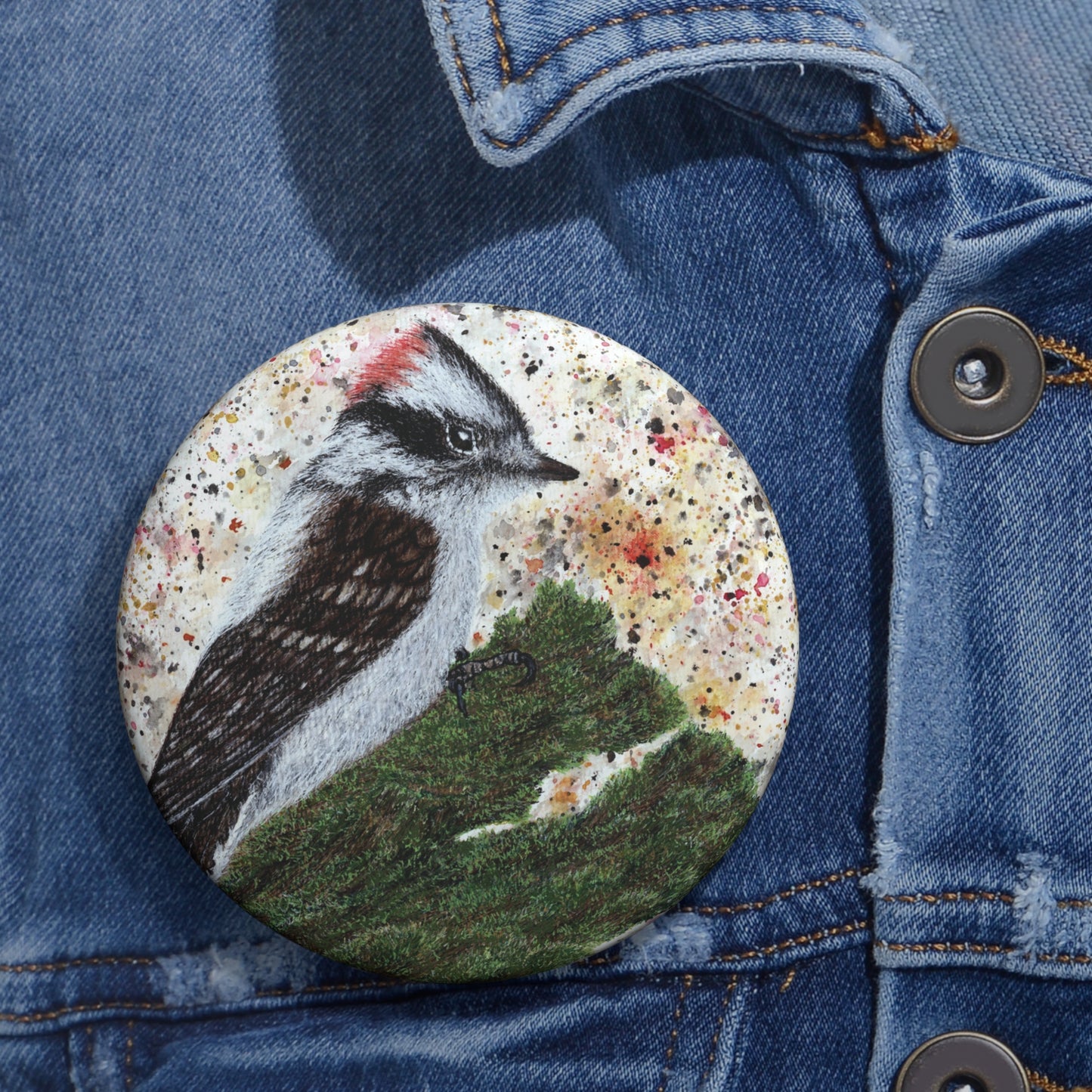 Now That's A Glorious Downy Woodpecker Watercolor Painting - Bird Nerd Glossy Metal Pin Buttons (3 Sizes)