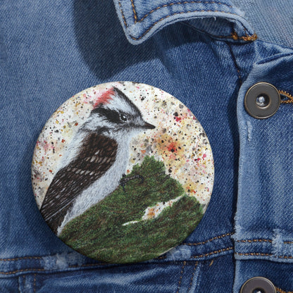Now That's A Glorious Downy Woodpecker Watercolor Painting - Bird Nerd Glossy Metal Pin Buttons (3 Sizes)