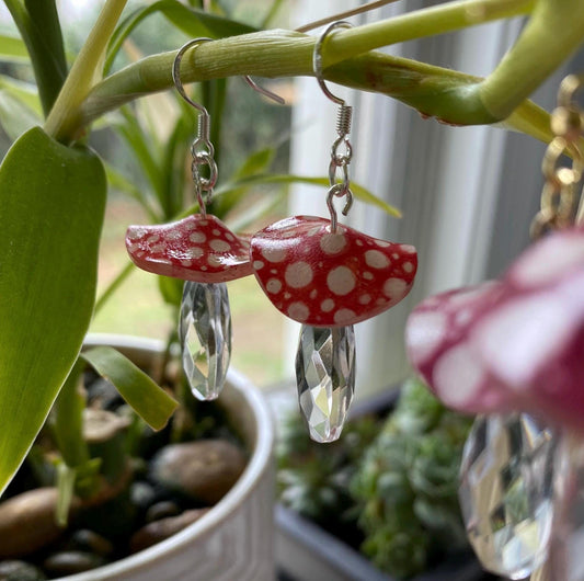 Hand-Drawn and Customizable - Dangle Drop Down Crystal Mushroom Shrinky Dink Earrings - Made To Order