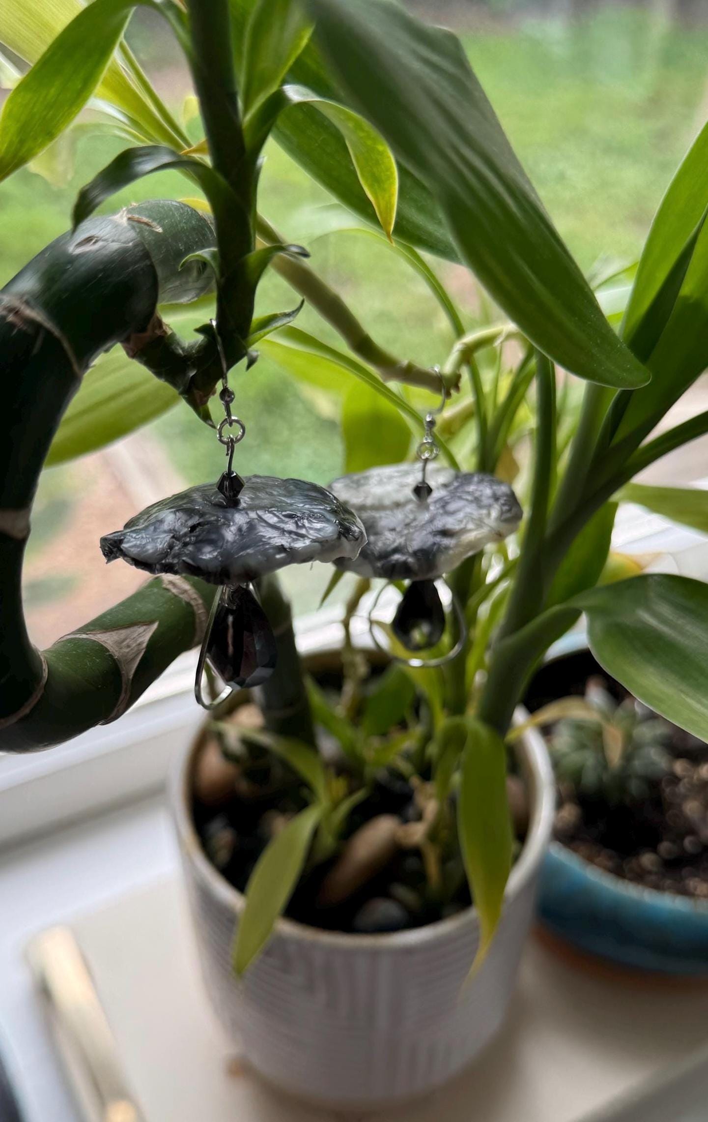 Handmade and Customizable - Dangle Upcycled Melted Plastic Mushroom Earrings W/ Drop Down Fixtures & Faceted Crystals - Made To Order