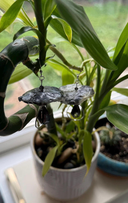 Handmade and Customizable - Dangle Upcycled Melted Plastic Mushroom Earrings W/ Drop Down Fixtures & Faceted Crystals - Made To Order
