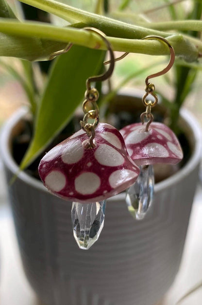 Hand-Drawn and Customizable - Dangle Drop Down Crystal Mushroom Shrinky Dink Earrings - Made To Order