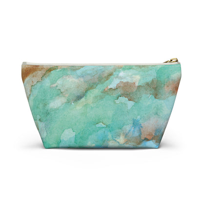 Tropical Aqua Shimmer Marbled Watercolor Painting - Zipper Closure Accessory Pouch w T-bottom (2 Sizes)