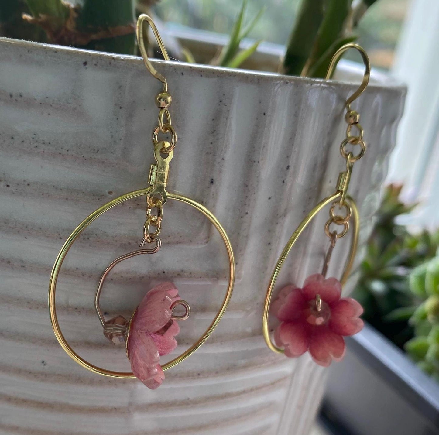 Hand-Drawn and Customizable - Dangle Drop Down Cherry Blossom Shrinky Dink Hoop Flower Earrings - Made To Order