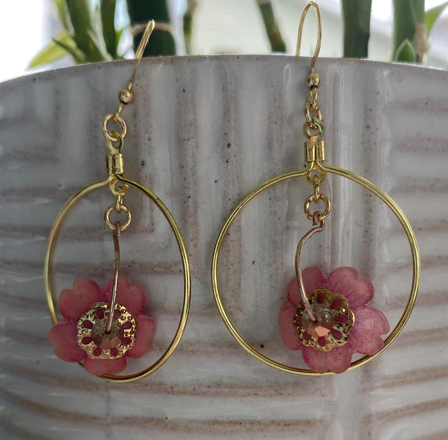 Hand-Drawn and Customizable - Dangle Drop Down Cherry Blossom Shrinky Dink Hoop Flower Earrings - Made To Order