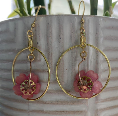 Hand-Drawn and Customizable - Dangle Drop Down Cherry Blossom Shrinky Dink Hoop Flower Earrings - Made To Order