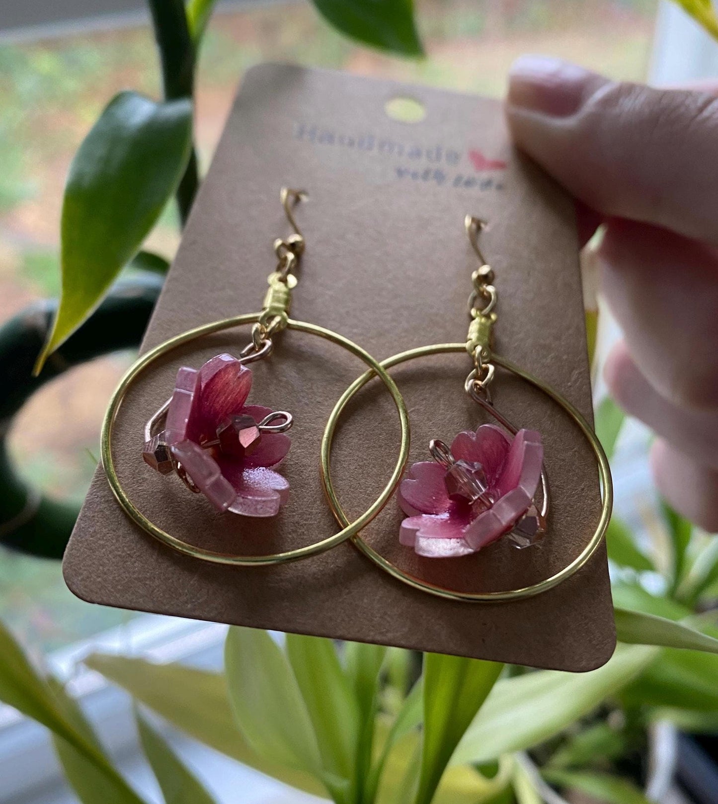 Hand-Drawn and Customizable - Dangle Drop Down Cherry Blossom Shrinky Dink Hoop Flower Earrings - Made To Order