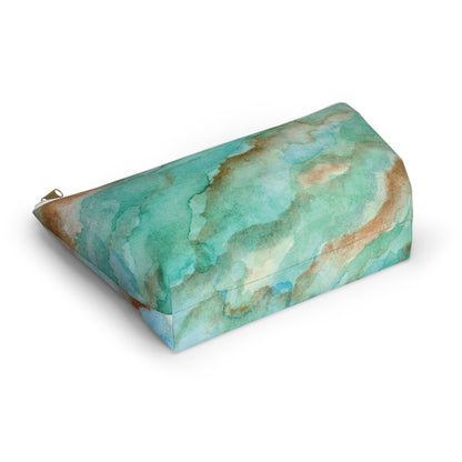 Tropical Aqua Shimmer Marbled Watercolor Painting - Zipper Closure Accessory Pouch w T-bottom (2 Sizes)