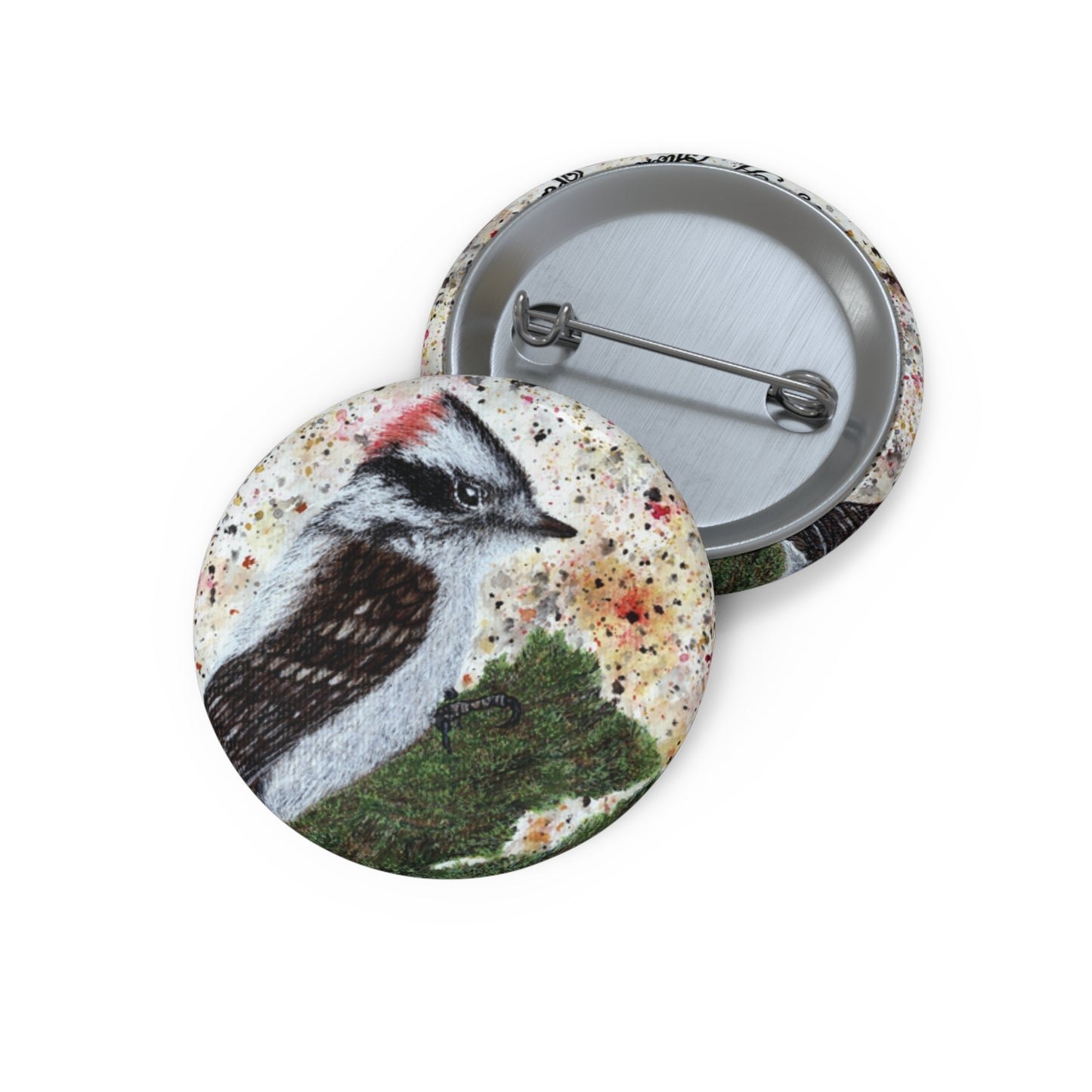 Now That's A Glorious Downy Woodpecker Watercolor Painting - Bird Nerd Glossy Metal Pin Buttons (3 Sizes)
