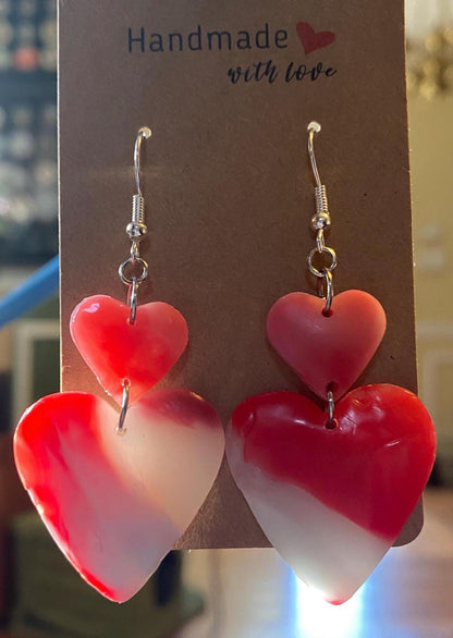 Handmade - Two Piece Dangling Hearts Upcycled Melted Plastic Earrings