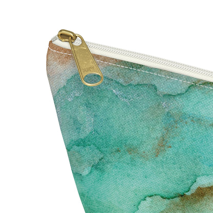 Tropical Aqua Shimmer Marbled Watercolor Painting - Zipper Closure Accessory Pouch w T-bottom (2 Sizes)