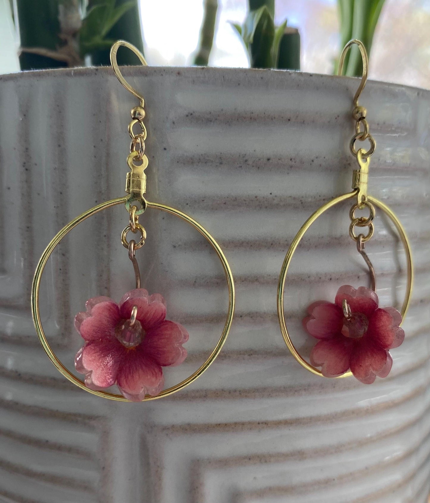 Hand-Drawn and Customizable - Dangle Drop Down Cherry Blossom Shrinky Dink Hoop Flower Earrings - Made To Order
