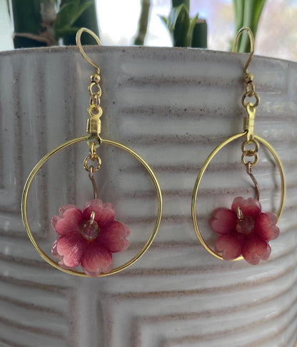 Hand-Drawn and Customizable - Dangle Drop Down Cherry Blossom Shrinky Dink Hoop Flower Earrings - Made To Order