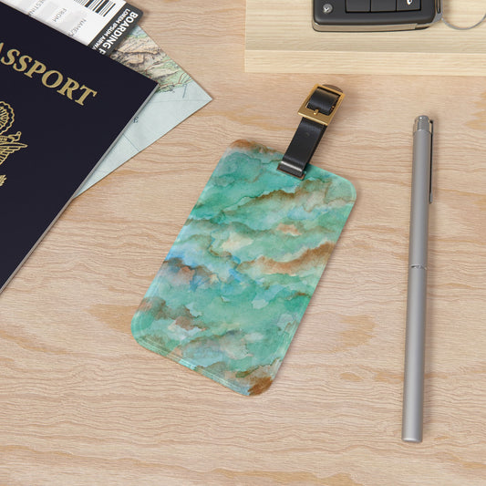 Tropical Aqua Shimmer Marbled Watercolor Painting - Acrylic Luggage Tag