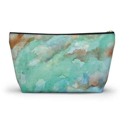 Tropical Aqua Shimmer Marbled Watercolor Painting - Zipper Closure Accessory Pouch w T-bottom (2 Sizes)