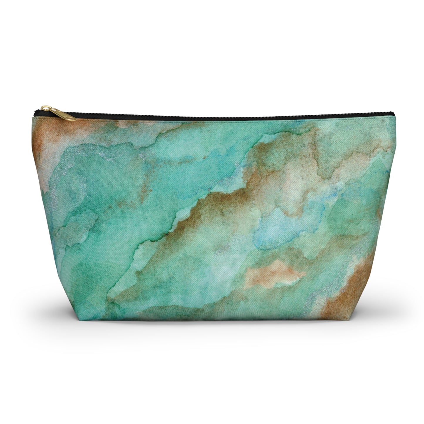 Tropical Aqua Shimmer Marbled Watercolor Painting - Zipper Closure Accessory Pouch w T-bottom (2 Sizes)
