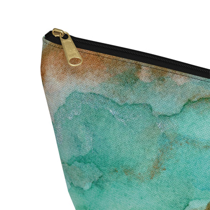 Tropical Aqua Shimmer Marbled Watercolor Painting - Zipper Closure Accessory Pouch w T-bottom (2 Sizes)