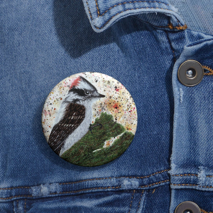 Now That's A Glorious Downy Woodpecker Watercolor Painting - Bird Nerd Glossy Metal Pin Buttons (3 Sizes)