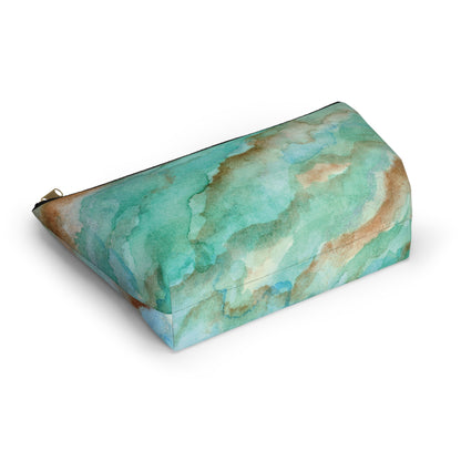 Tropical Aqua Shimmer Marbled Watercolor Painting - Zipper Closure Accessory Pouch w T-bottom (2 Sizes)