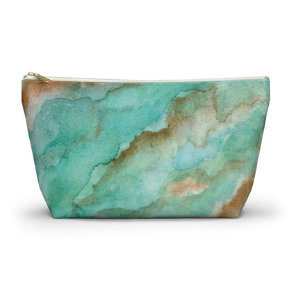 Tropical Aqua Shimmer Marbled Watercolor Painting - Zipper Closure Accessory Pouch w T-bottom (2 Sizes)