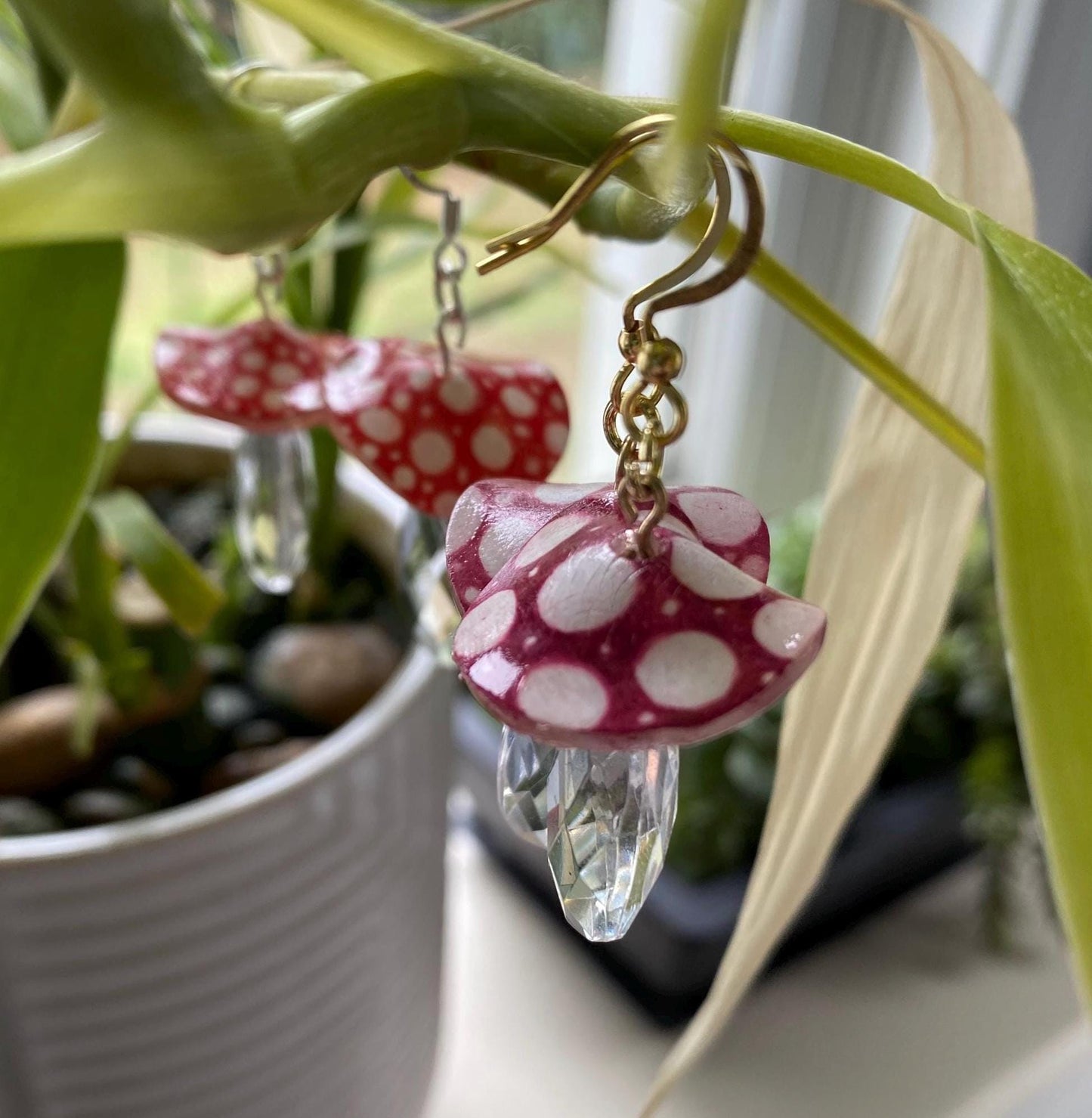 Hand-Drawn and Customizable - Dangle Drop Down Crystal Mushroom Shrinky Dink Earrings - Made To Order