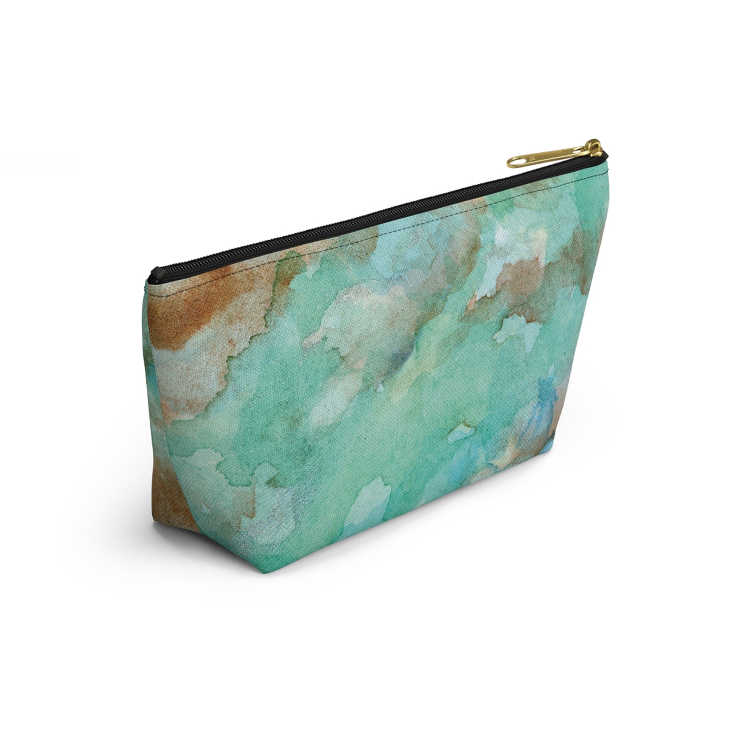Tropical Aqua Shimmer Marbled Watercolor Painting - Zipper Closure Accessory Pouch w T-bottom (2 Sizes)