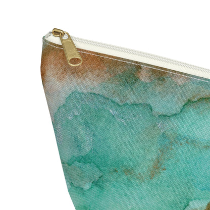 Tropical Aqua Shimmer Marbled Watercolor Painting - Zipper Closure Accessory Pouch w T-bottom (2 Sizes)