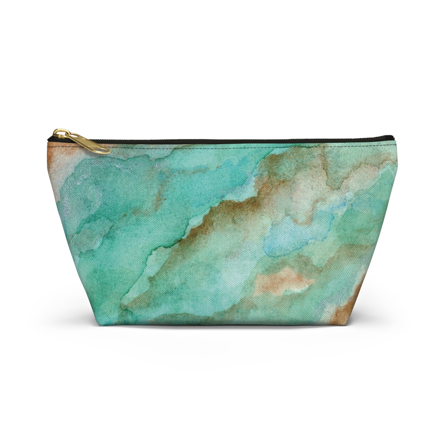 Tropical Aqua Shimmer Marbled Watercolor Painting - Zipper Closure Accessory Pouch w T-bottom (2 Sizes)
