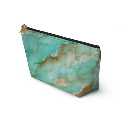 Tropical Aqua Shimmer Marbled Watercolor Painting - Zipper Closure Accessory Pouch w T-bottom (2 Sizes)